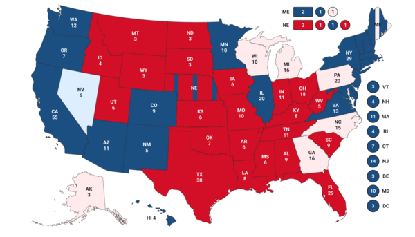 4일(현지시간) 오전 3시20분 기준 폭스뉴스가 분석한 개표현황. 남아있는 5개 경합주가 모두 트럼프 대통령 우세지역으로 표시되어 있다.  